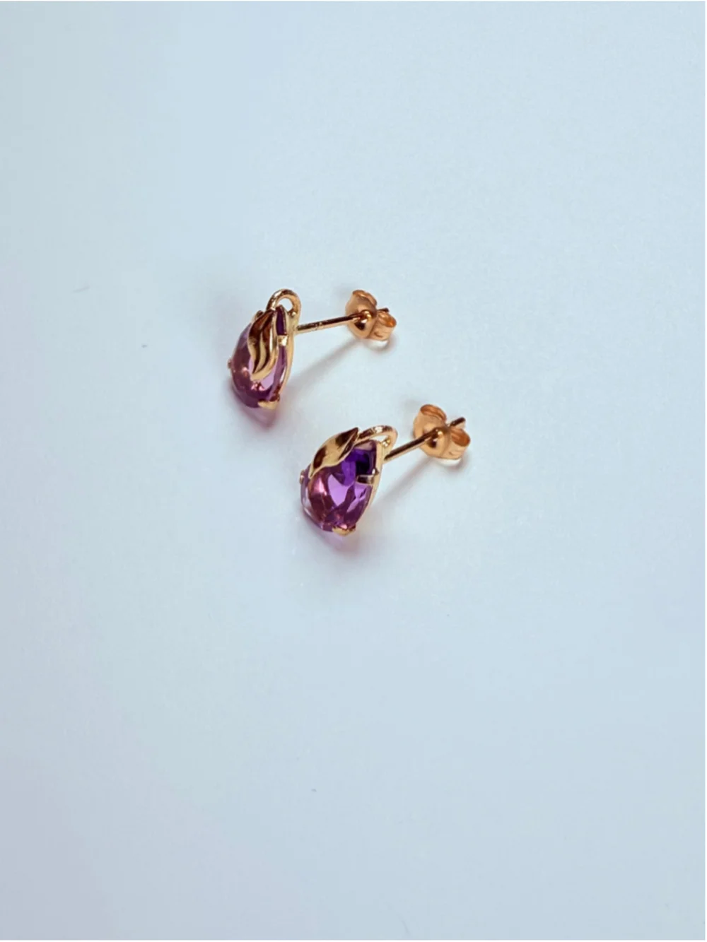 14K Solid Yellow Gold 1 CT Amethyst Pear Cut Solitaire Stud Earrings